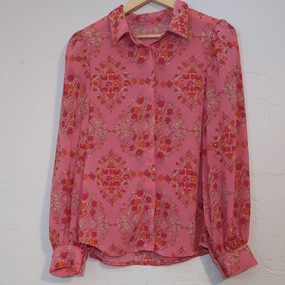 Womens Pink Floral Boho Cottagecore Cute Sheer Office Business Casual Blouse